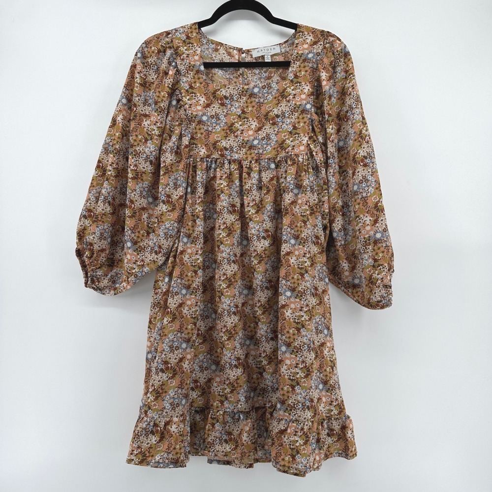 Hayden Los Angeles Brown Floral Babydoll Mini Dress Square Neck Small HY5039